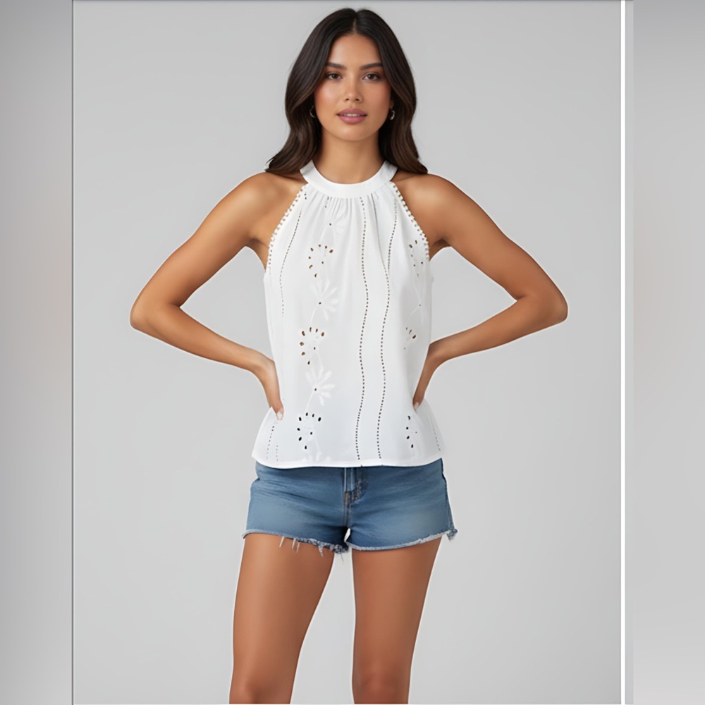 Boho Eyelet Embroidery Halter Top White